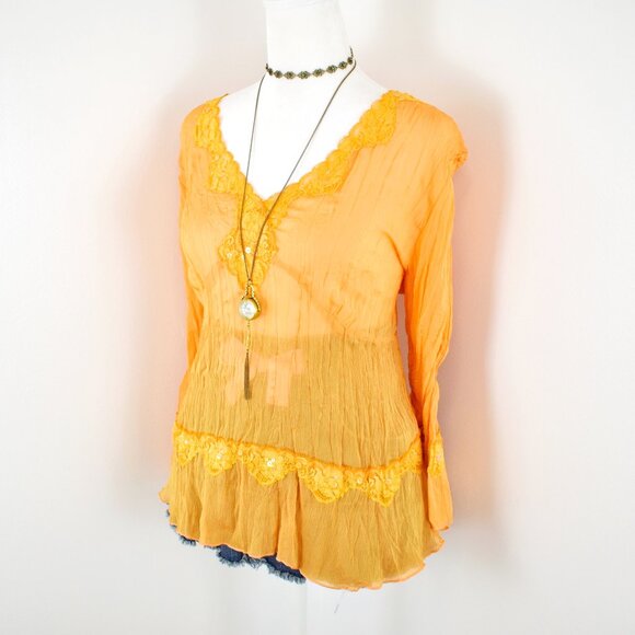 VTG 00s Y2K Piano Orange Sheer Crinkle Pleated Sequin Lace Trim Bell Sleeve Top - Picture 2 of 8
